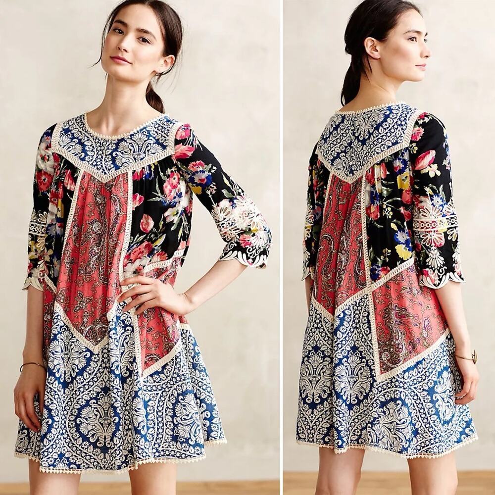 Anthropologie Vanessa Virginia Inez Embroidered Swing Dress in Boho Print, Sz 4